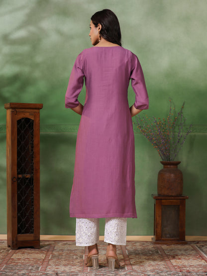 Solid Resham & Sequins Floral Embroidered Kurta - Mauve