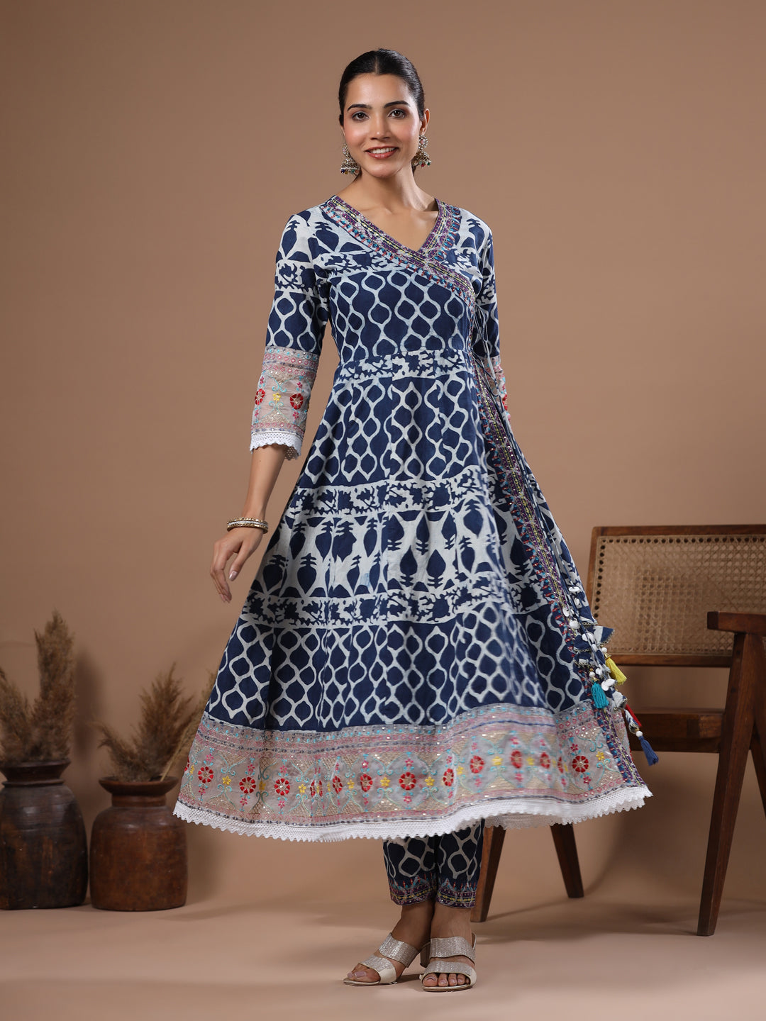 Ethnic Printed & Embroidered Anarkali Kurta with Pant - Blue