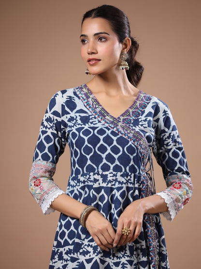 Ethnic Printed & Embroidered Anarkali Kurta with Pant - Blue