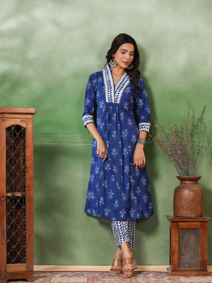 Floral & Ethnic Stripes Printed A-Line Pleated Kurta with Pant - Blue