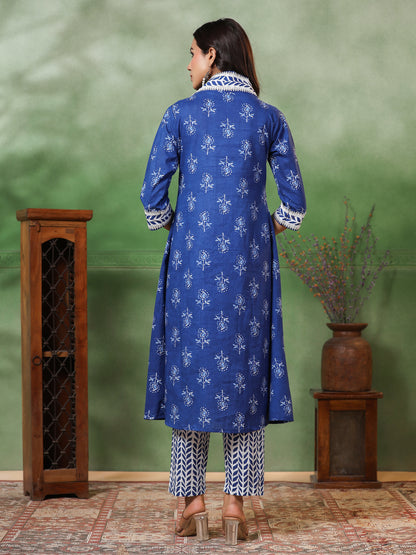 Floral & Ethnic Stripes Printed A-Line Pleated Kurta with Pant - Blue