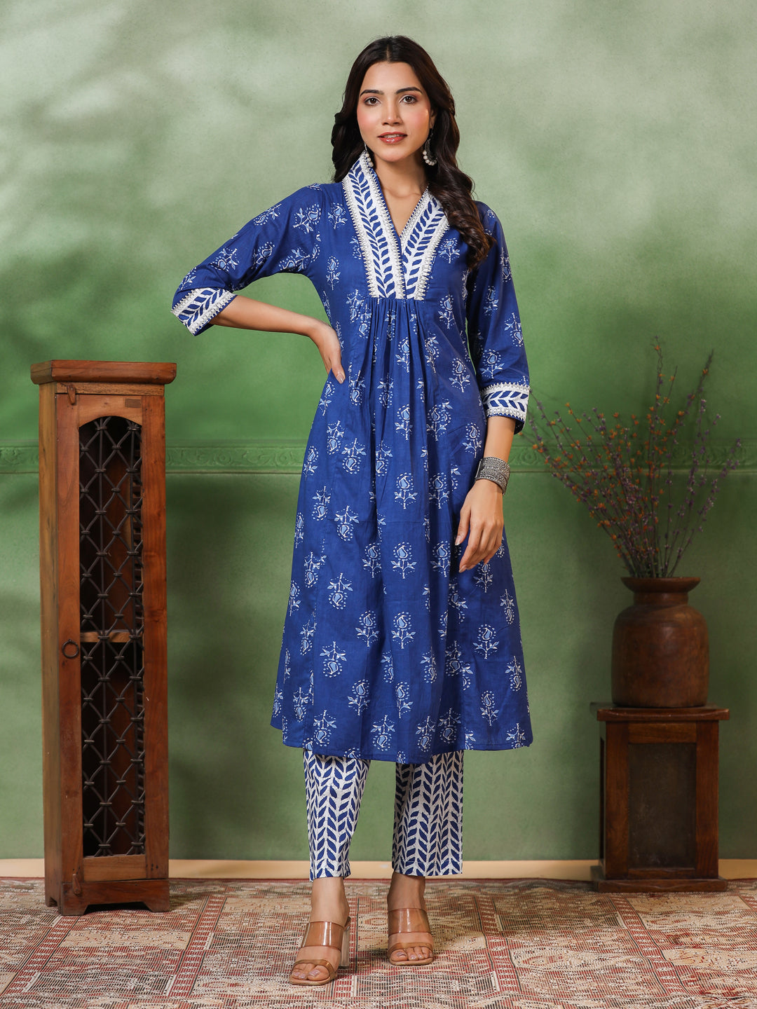 Floral & Ethnic Stripes Printed A-Line Pleated Kurta with Pant - Blue