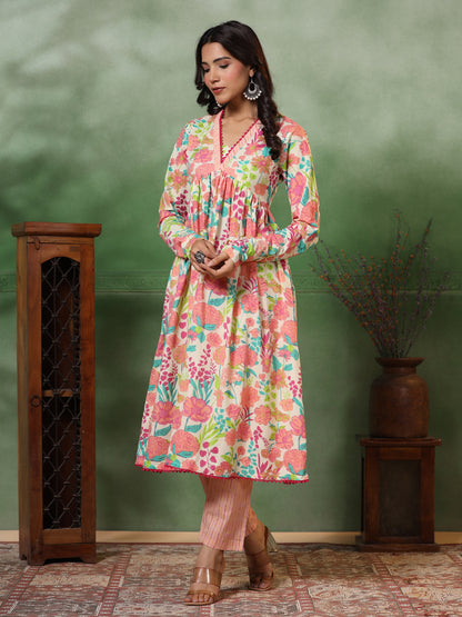 Abstract Floral & Stripes Printed A-Line Pleated Kurta with Pant - Peach