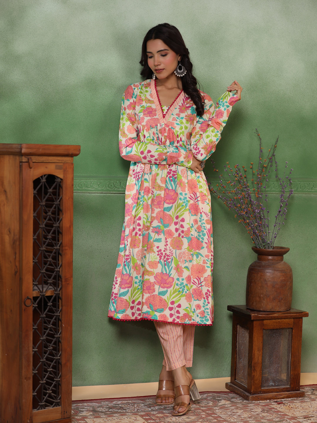 Abstract Floral & Stripes Printed A-Line Pleated Kurta with Pant - Peach