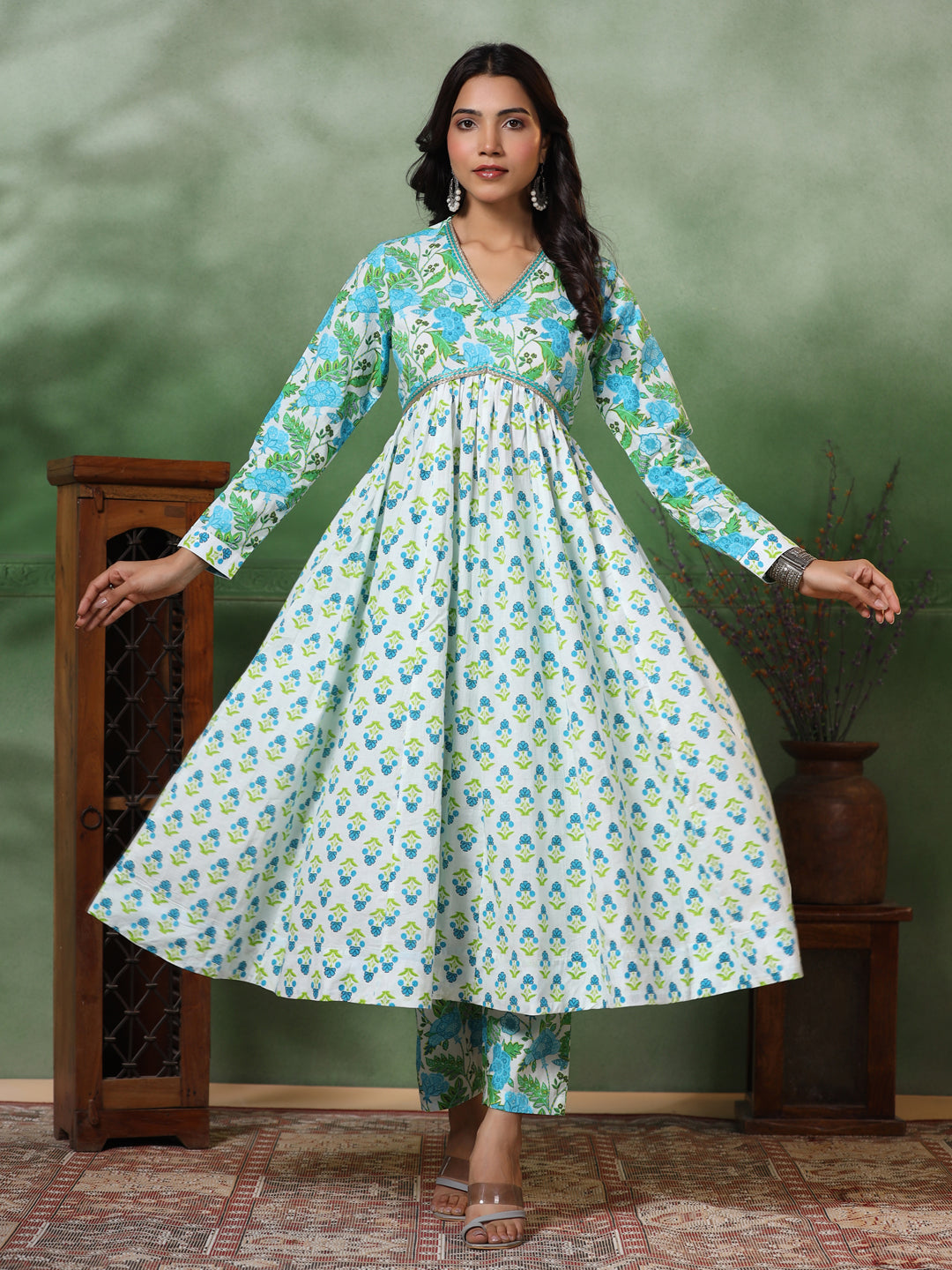 Ethnic Floral Printed Pleated Anarkali Kurta with Pant - Green