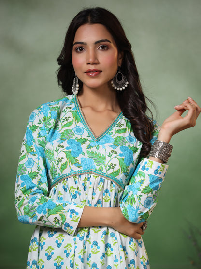 Ethnic Floral Printed Pleated Anarkali Kurta with Pant - Green