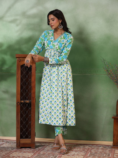 Ethnic Floral Printed Pleated Anarkali Kurta with Pant - Green