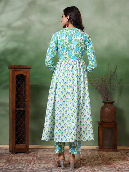 Ethnic Floral Printed Pleated Anarkali Kurta with Pant - Green