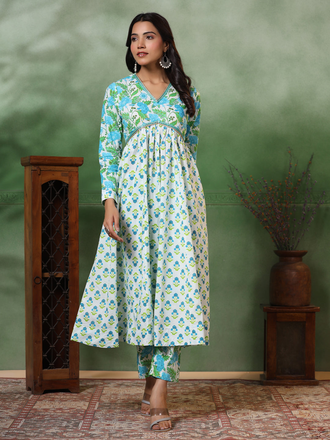 Ethnic Floral Printed Pleated Anarkali Kurta with Pant - Green