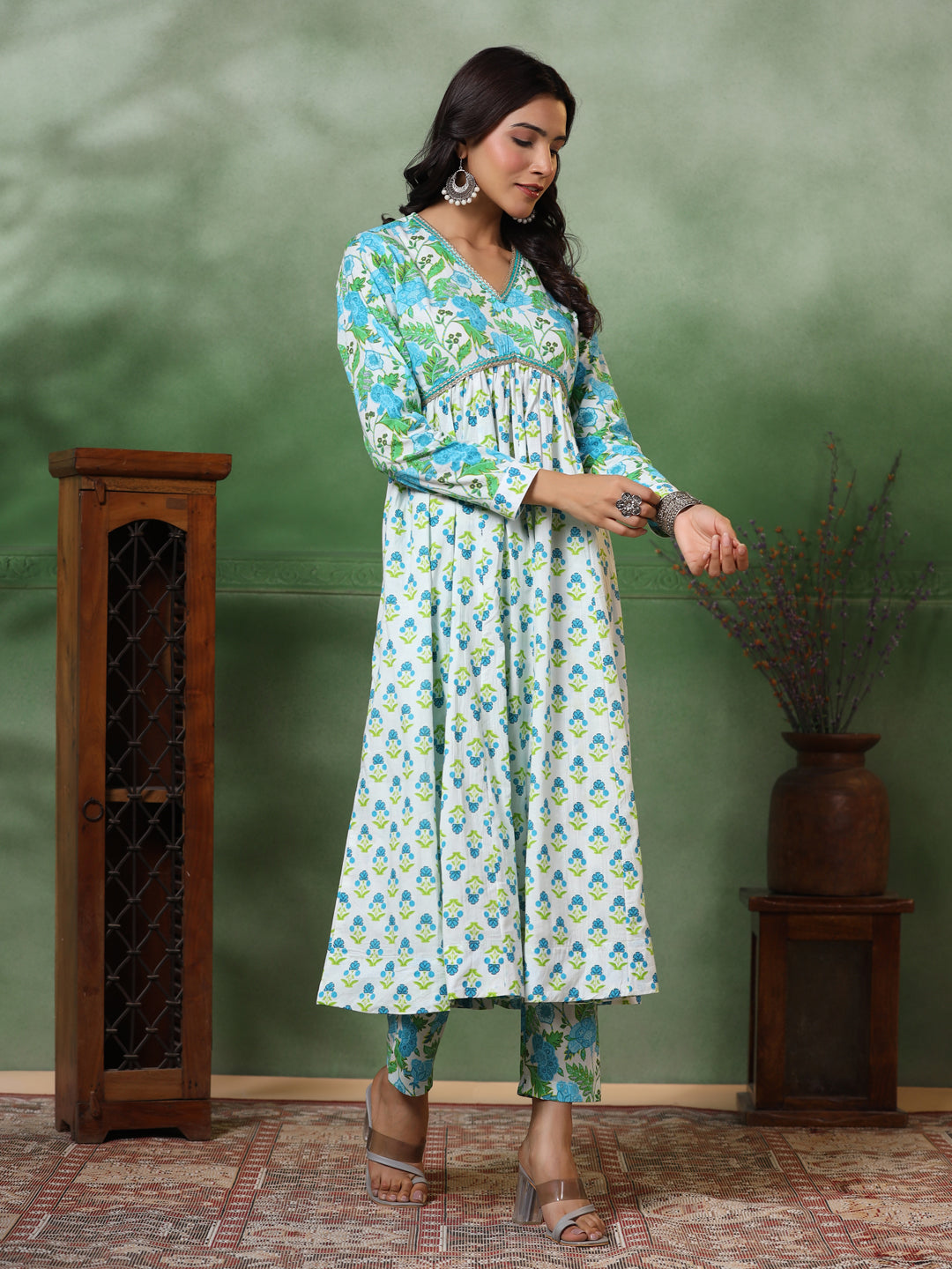 Ethnic Floral Printed Pleated Anarkali Kurta with Pant - Green