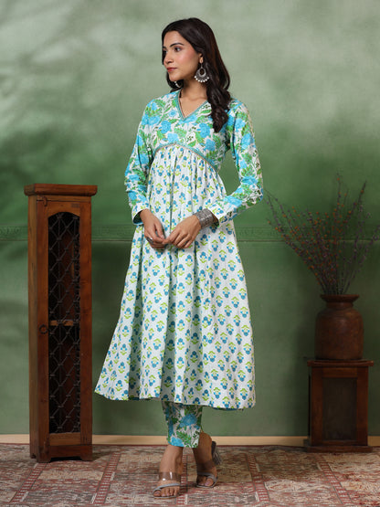 Ethnic Floral Printed Pleated Anarkali Kurta with Pant - Green