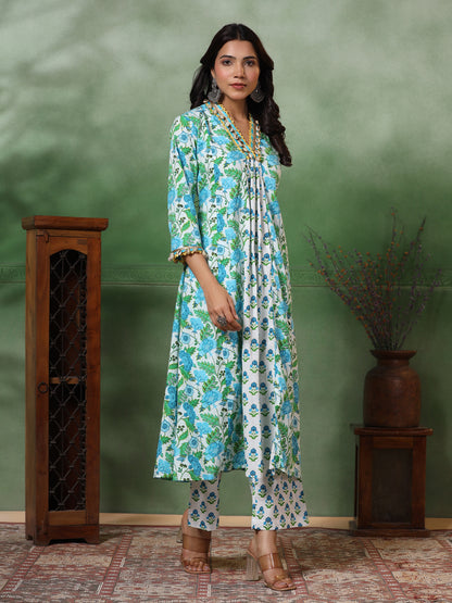 Ethnic Floral Printed A-Line Paneled Kurta with Palazzo - Green