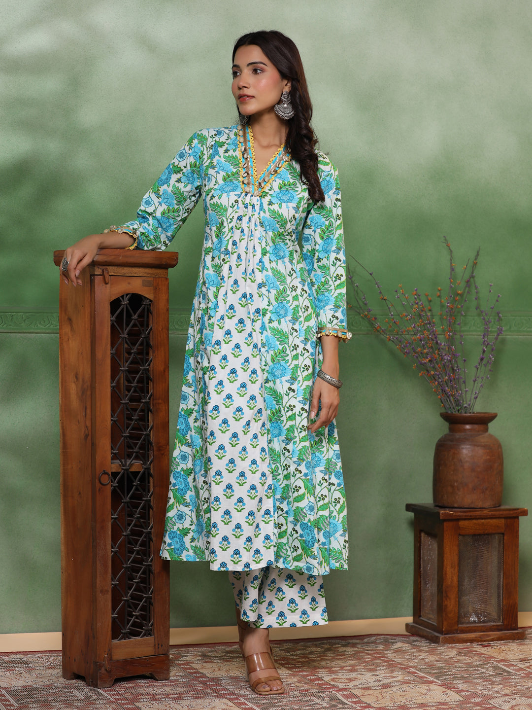 Ethnic Floral Printed A-Line Paneled Kurta with Palazzo - Green