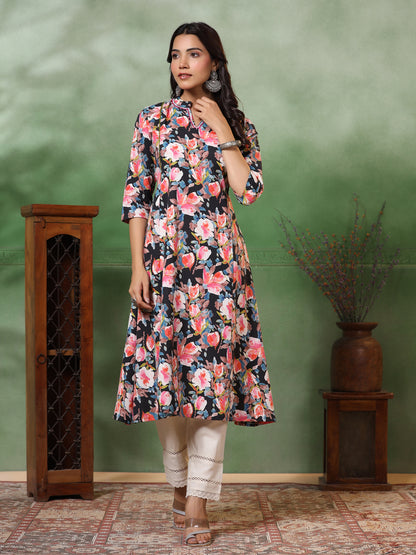 Abstract Floral Printed & Embroidered A-Line Kurta with Pant - Black