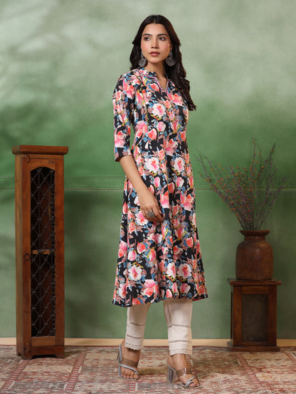 Abstract Floral Printed & Embroidered A-Line Kurta with Pant - Black