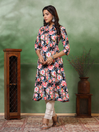 Abstract Floral Printed & Embroidered A-Line Kurta with Pant - Black