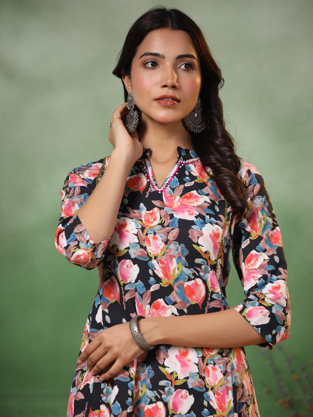 Abstract Floral Printed & Embroidered A-Line Kurta with Pant - Black