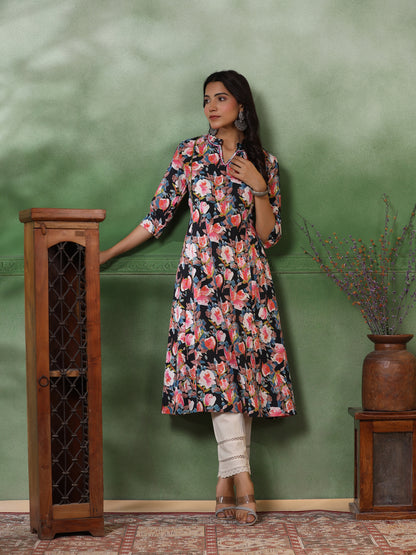 Abstract Floral Printed & Embroidered A-Line Kurta with Pant - Black