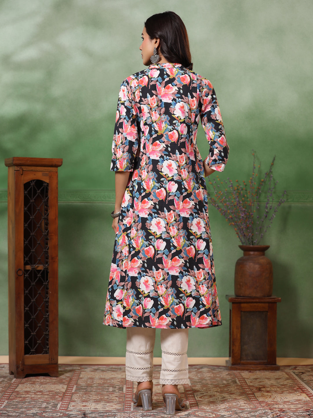 Abstract Floral Printed & Embroidered A-Line Kurta with Pant - Black