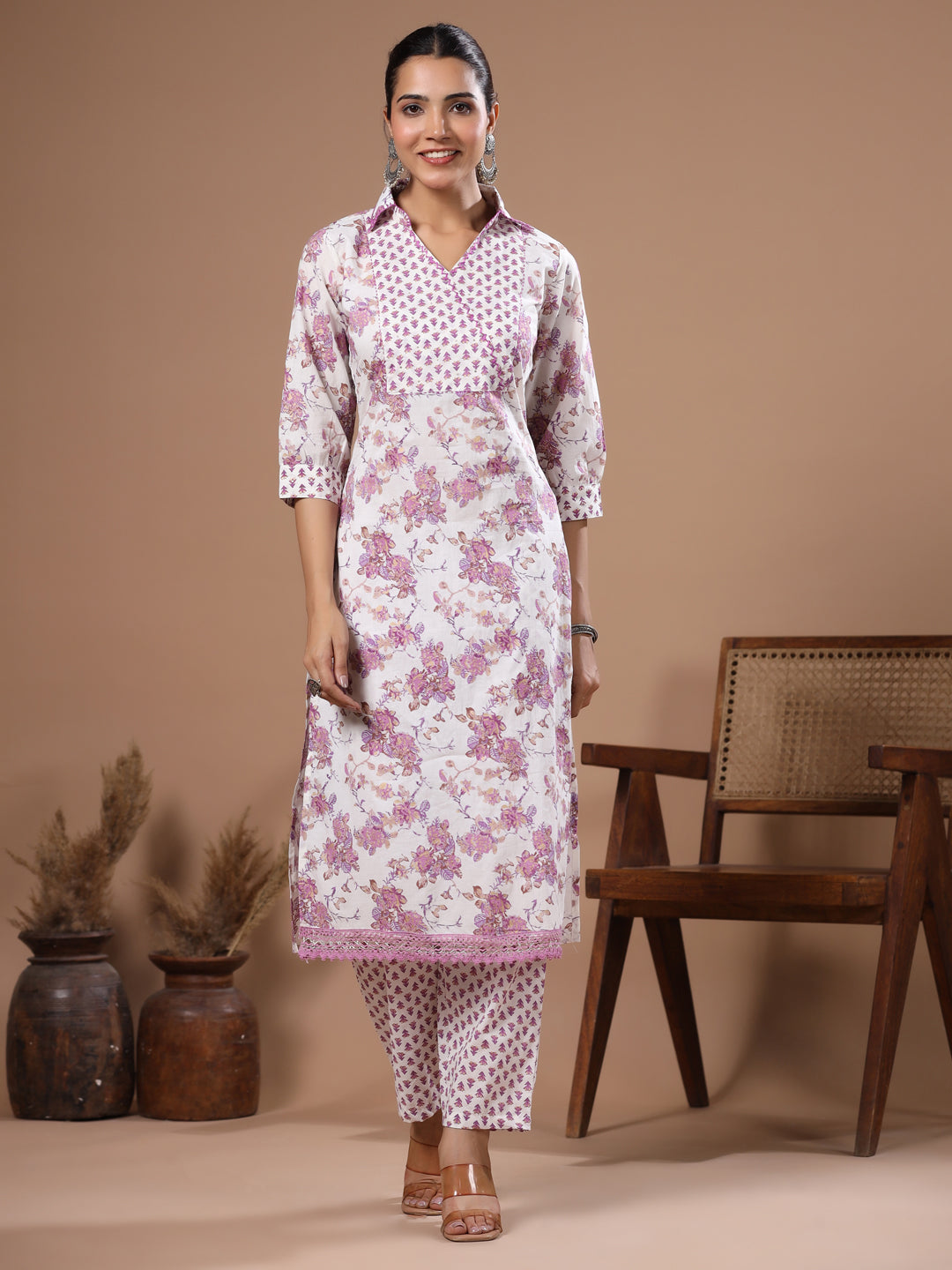 Ethnic Foil Printed & Sequin Embroidered Straight Kurta with Pant - Off White