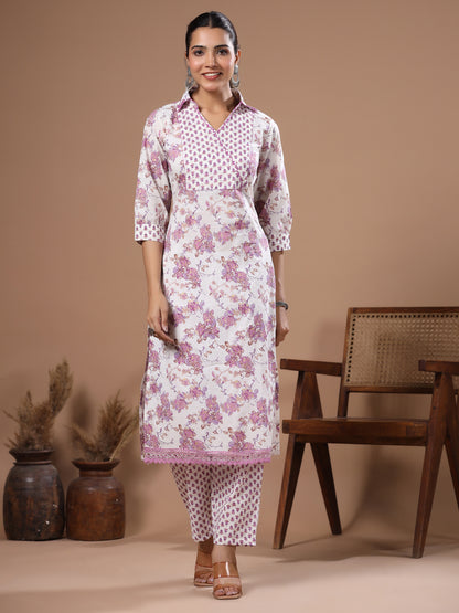 Ethnic Foil Printed & Sequin Embroidered Straight Kurta with Pant - Off White