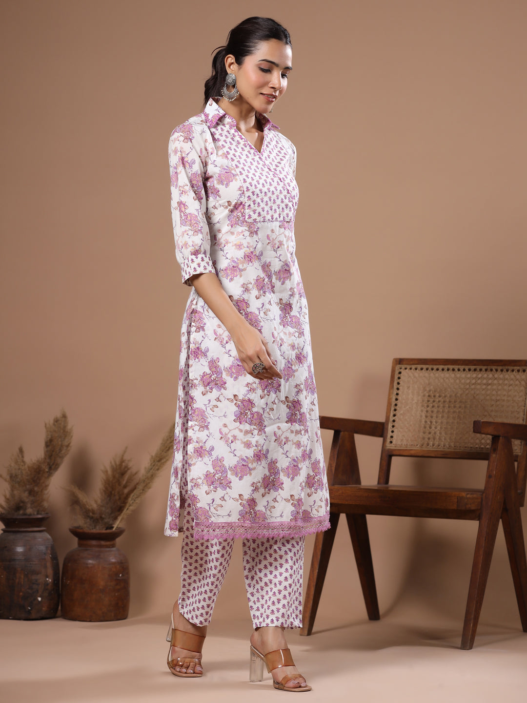 Ethnic Foil Printed & Sequin Embroidered Straight Kurta with Pant - Off White