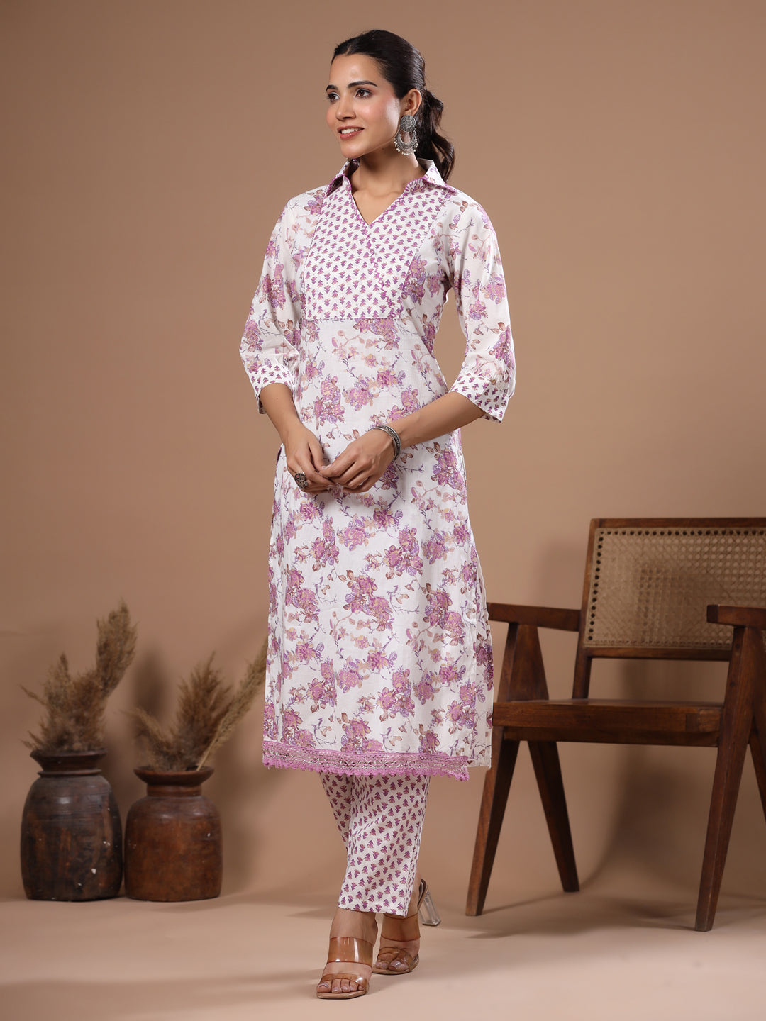 Ethnic Foil Printed & Sequin Embroidered Straight Kurta with Pant - Off White