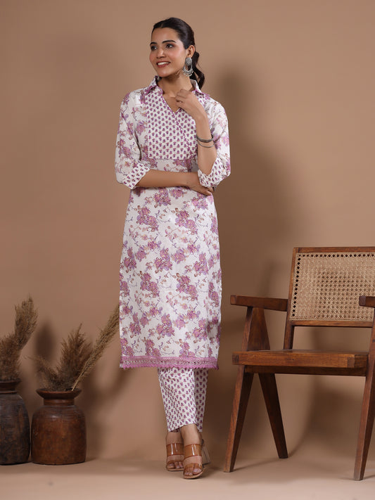 Ethnic Foil Printed & Sequin Embroidered Straight Kurta with Pant - Off White