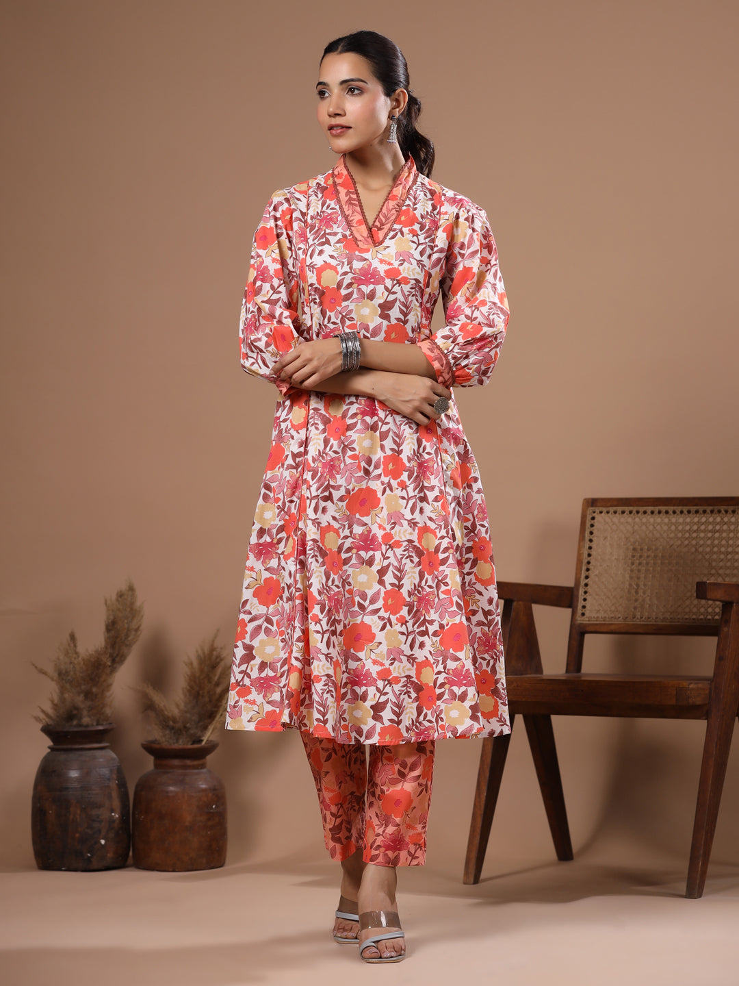 Floral Printed A-Line Paneled Kurta with Pant - Off White