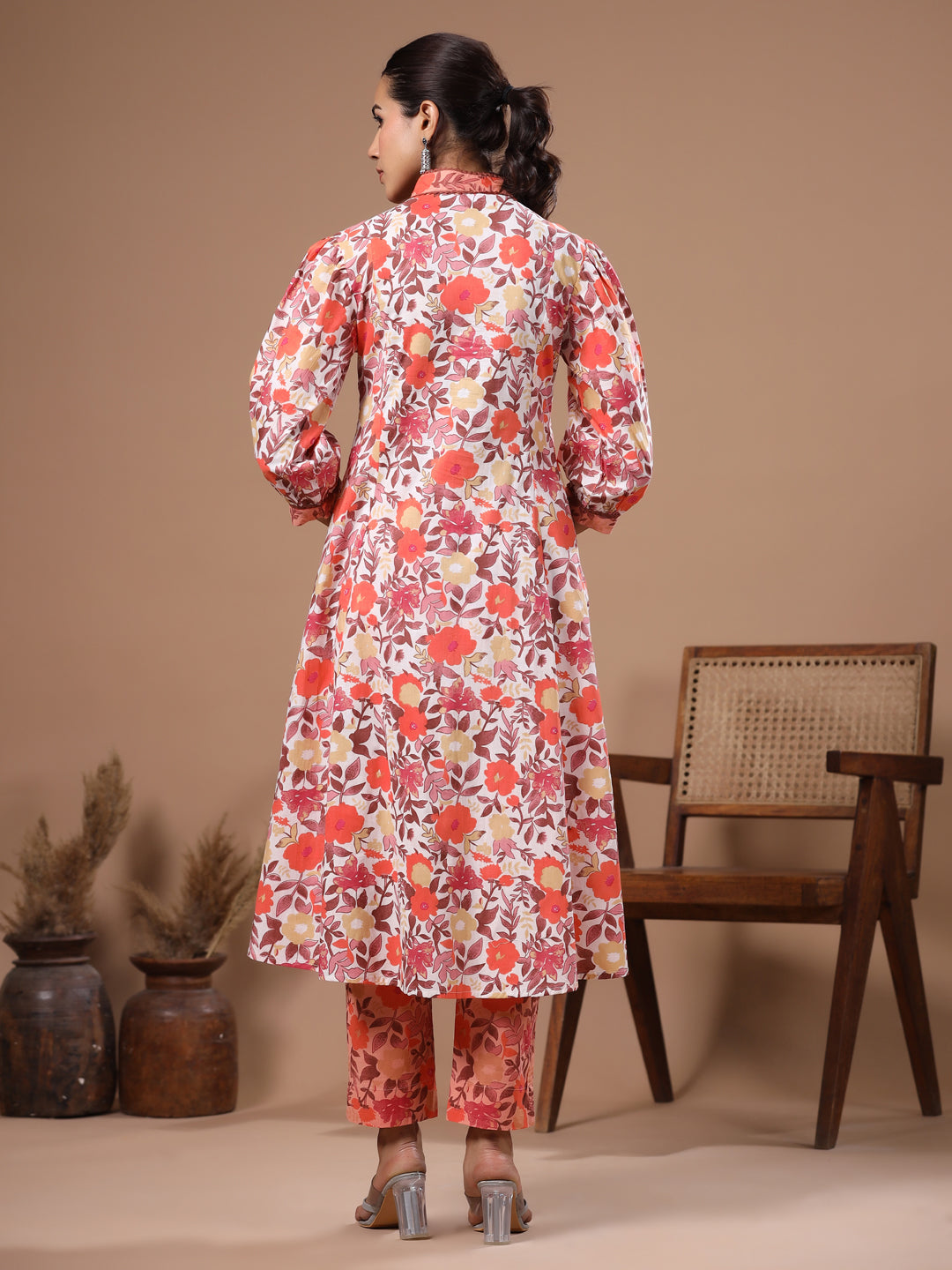 Floral Printed A-Line Paneled Kurta with Pant - Off White