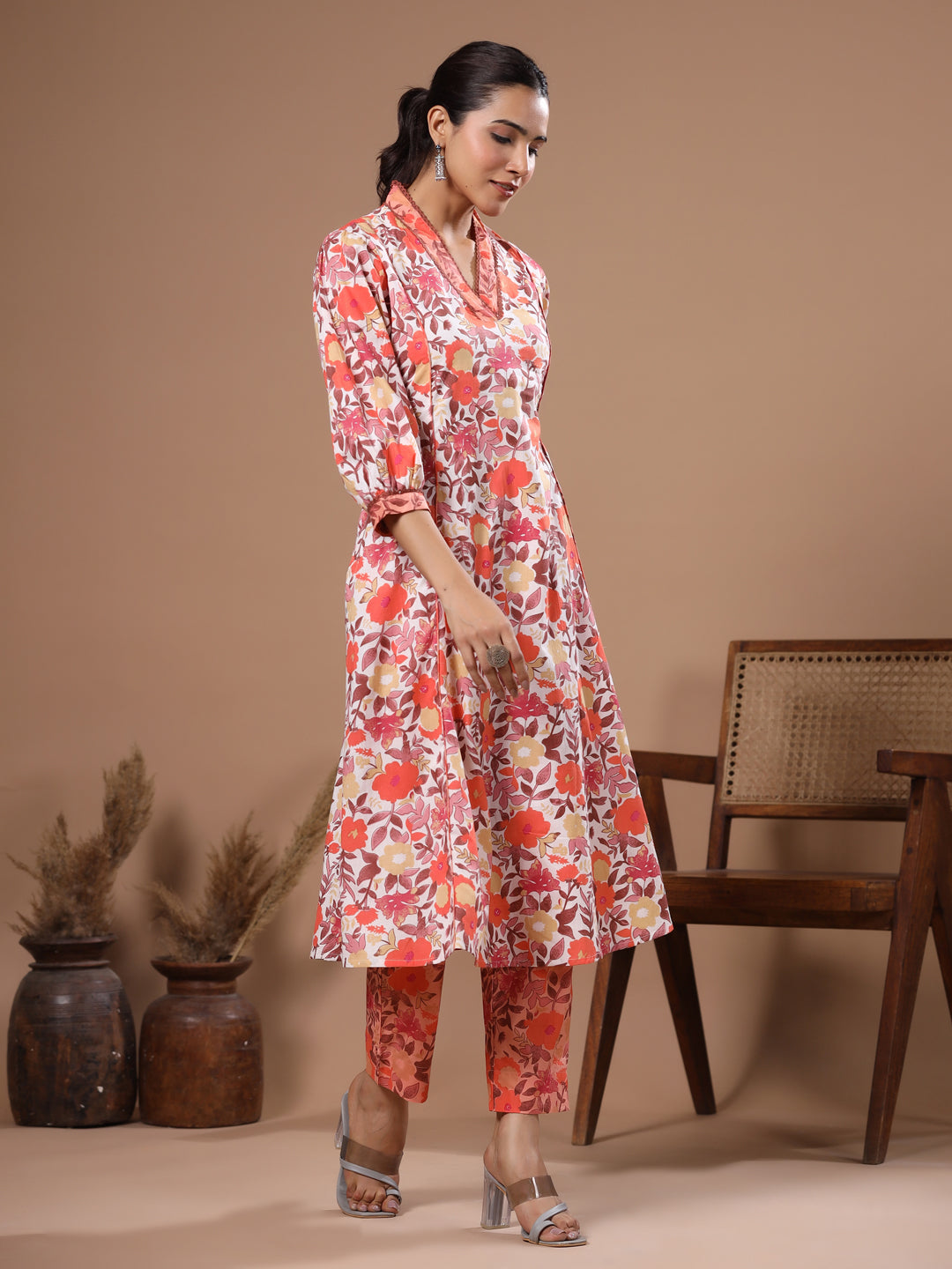 Floral Printed A-Line Paneled Kurta with Pant - Off White