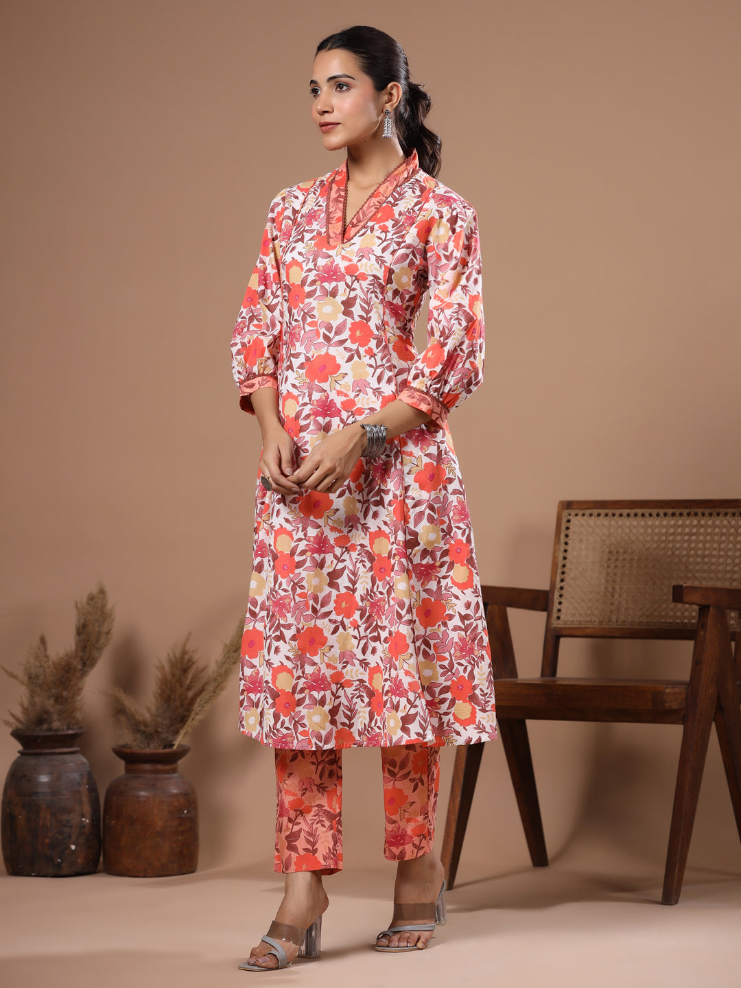 Floral Printed A-Line Paneled Kurta with Pant - Off White