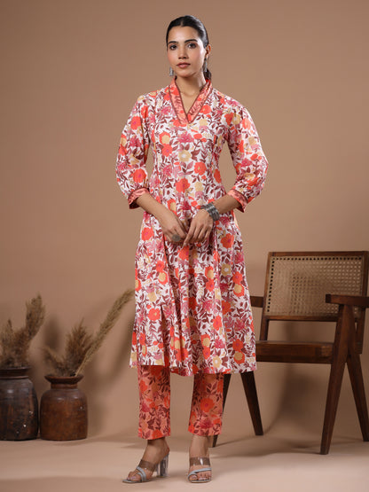 Floral Printed A-Line Paneled Kurta with Pant - Off White