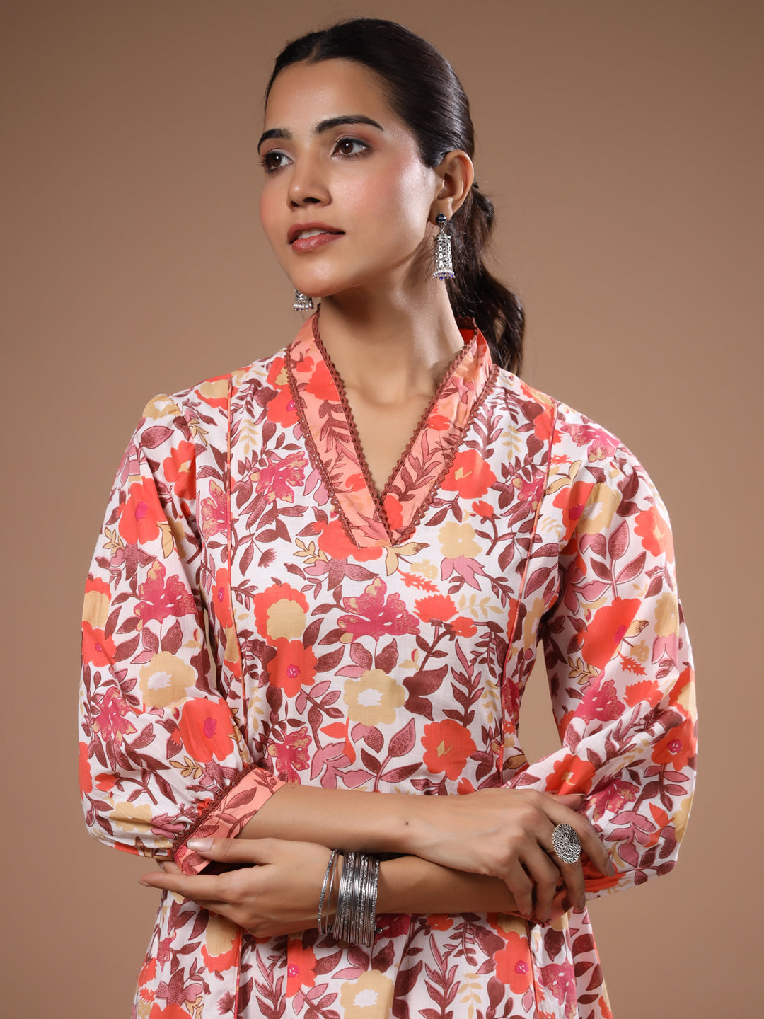 Floral Printed A-Line Paneled Kurta with Pant - Off White