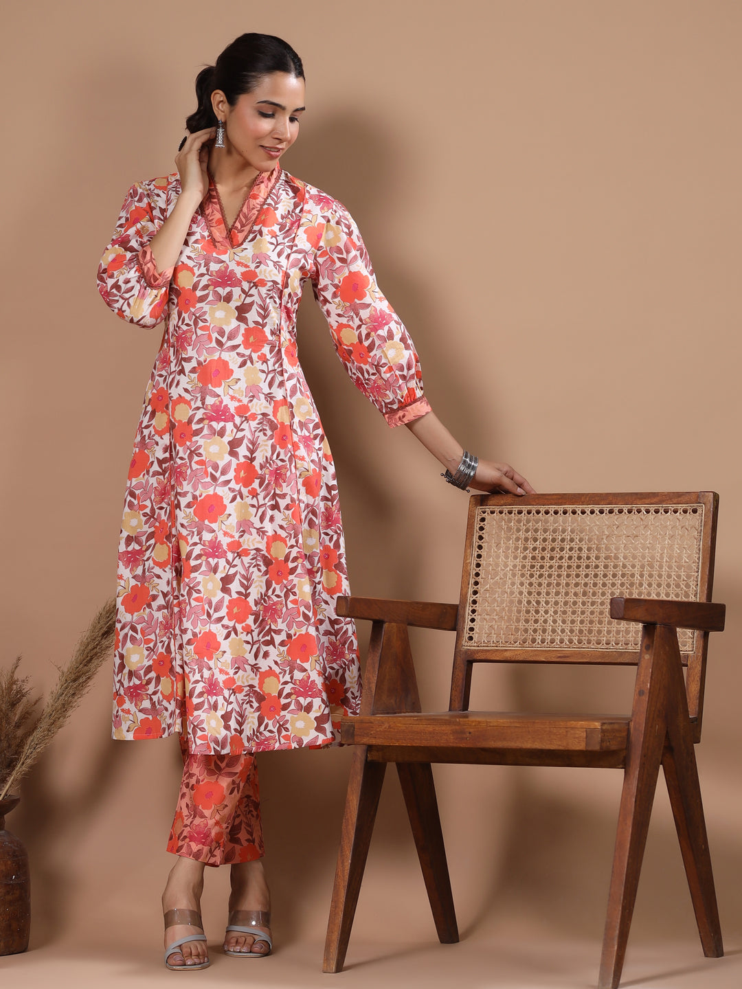 Floral Printed A-Line Paneled Kurta with Pant - Off White