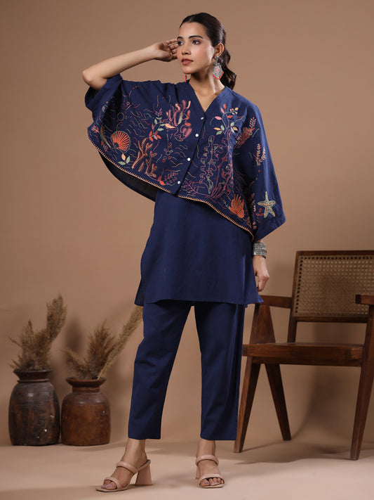 Abstract Thread Kantha Embroidered Kaftan Crop Top Co-ord Set - Blue