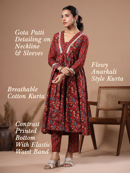 Ethnic Floral Printed & Embroidered A-Line Kurta with Pant - Rust