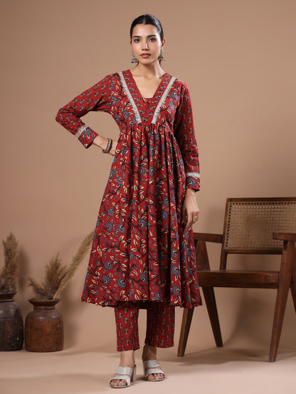 Ethnic Floral Printed & Embroidered A-Line Kurta with Pant - Rust