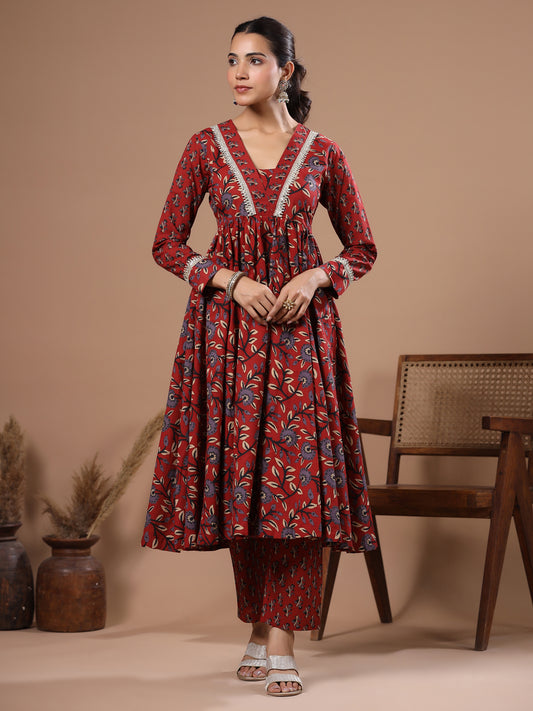 Ethnic Floral Printed & Embroidered A-Line Kurta with Pant - Rust