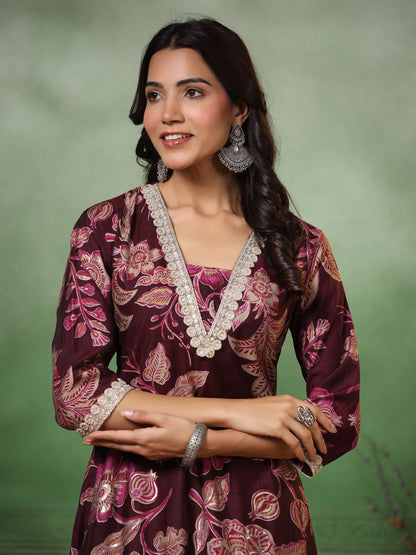 Floral Foil Printed & Embroidered A-Line High-Low Kurta with Pant - Deep Purple