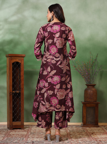 Floral Foil Printed & Embroidered A-Line High-Low Kurta with Pant - Deep Purple