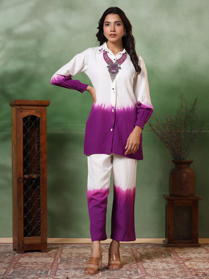 Ombre Dyed & Embroidered Straight Fit Co-ord Set - Purple