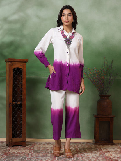 Ombre Dyed & Embroidered Straight Fit Co-ord Set - Purple