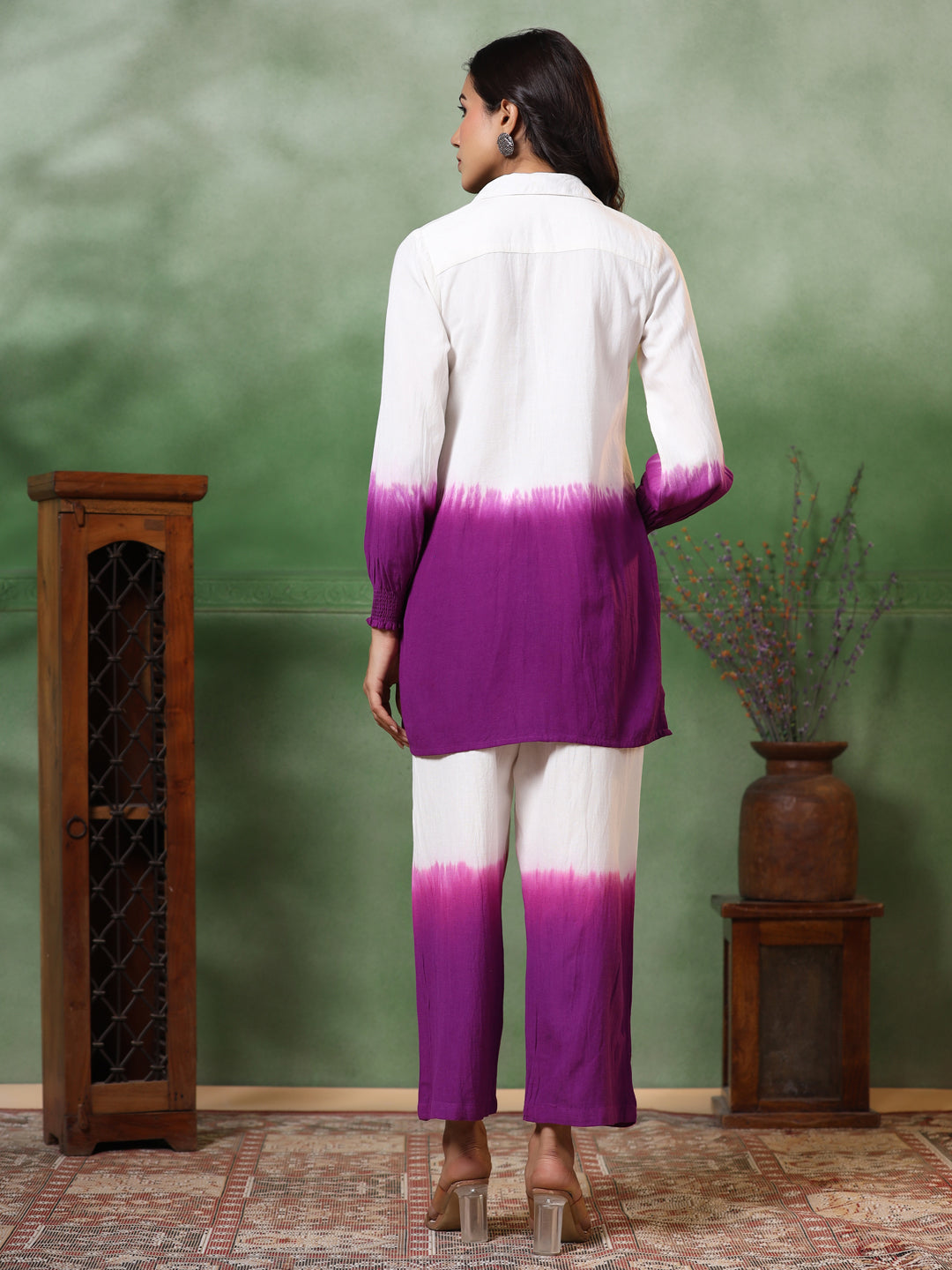 Ombre Dyed & Embroidered Straight Fit Co-ord Set - Purple