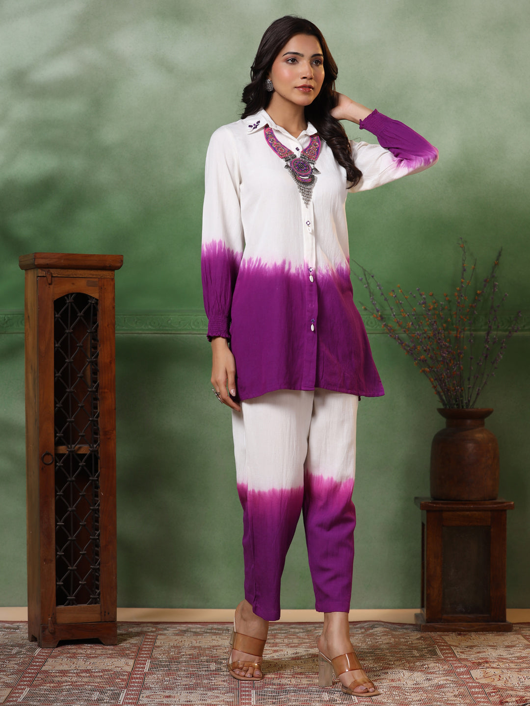 Ombre Dyed & Embroidered Straight Fit Co-ord Set - Purple