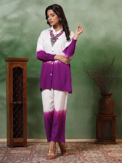 Ombre Dyed & Embroidered Straight Fit Co-ord Set - Purple