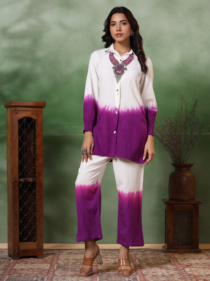 Ombre Dyed & Embroidered Straight Fit Co-ord Set - Purple