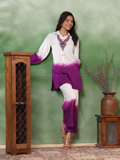 Ombre Dyed & Embroidered Straight Fit Co-ord Set - Purple