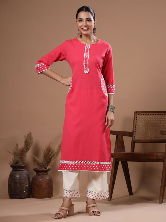 Floral Ethnic Embroidered Straight Kurta with Palazzo - Pink