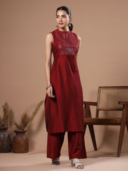 Solid Foil Mirror Embroidered Straight Fit Co-ord Set - Maroon